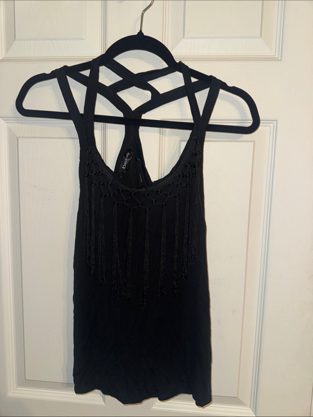bebe Black Fringe Racerback Tank